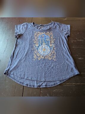 Lucky Brand Women's XXL Blue Hamsa Hand T-shirt Boho Chic Indie Middle Eastern